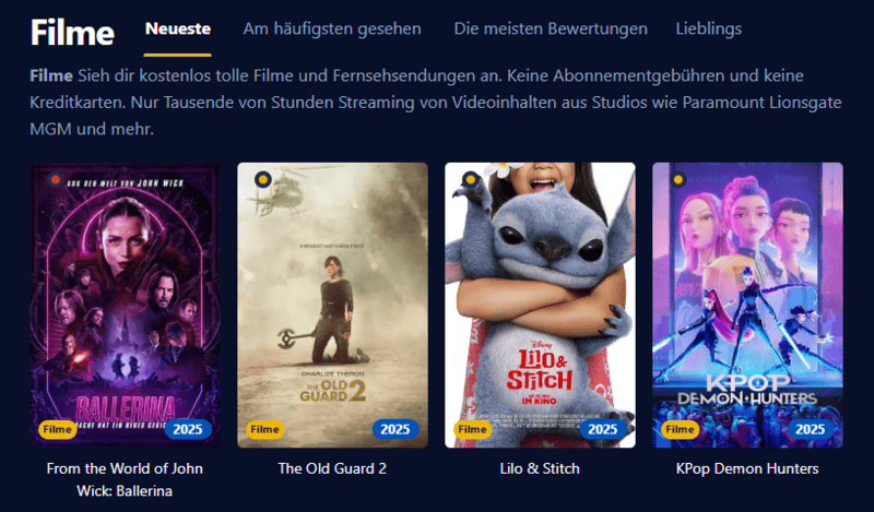 Ein Bild von der Kinokiste Seite im alten Stil mit grünem Text auf dunklem Hintergrund